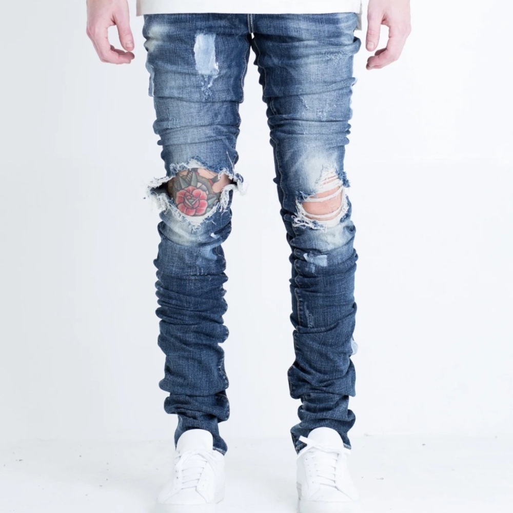 Tall Cano stack denim ripped indigo 
•Long inseam for exaggerated fit